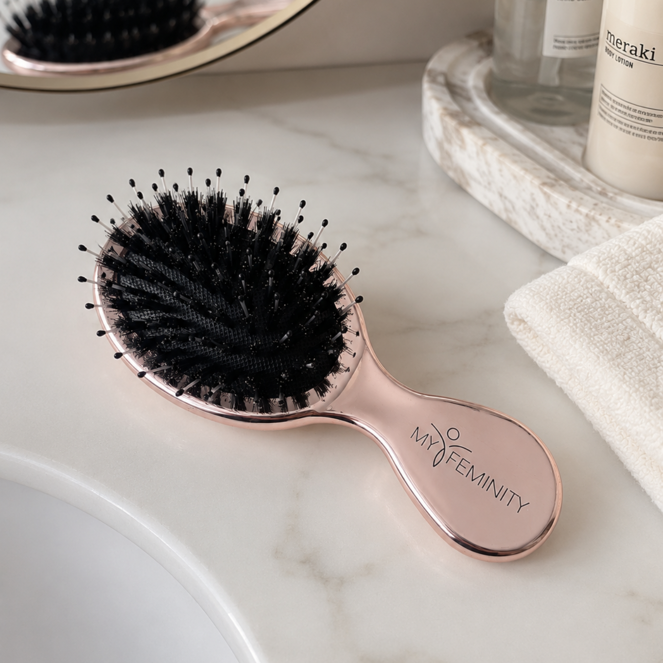 mini kartáč na vlasy s kančími štětinami rose gold